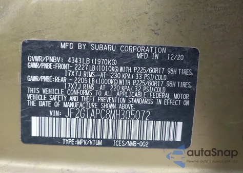 2021 Subaru Crosstrek Premium из США, поврежденный, VIN JF2GTAPC8MH305072